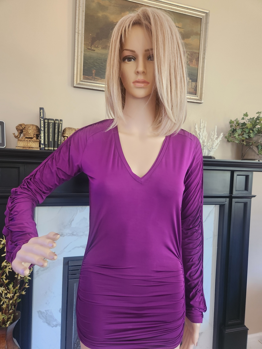 GUCCI Women’s V-Neck Long Sleeve Ruched Purple Top